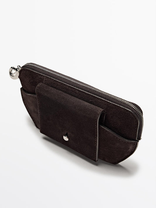 Split leather crossbody glasses case with purse